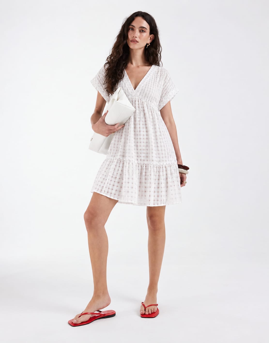 Gingham V-Neck Tiered Midi Dress
