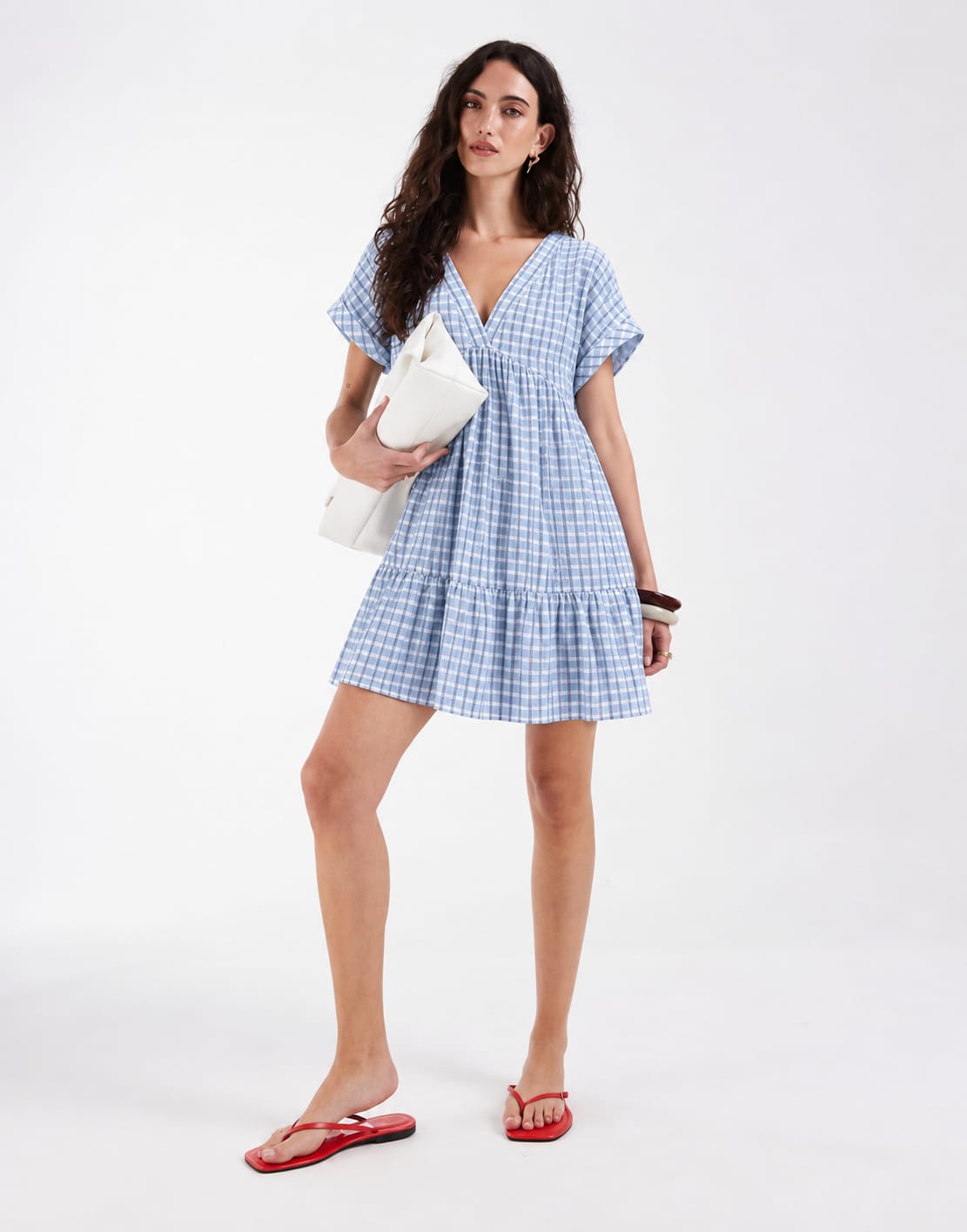 Gingham V-Neck Tiered Midi Dress