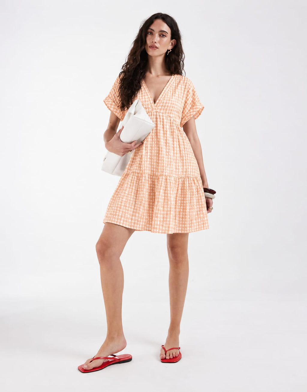 Gingham V-Neck Tiered Midi Dress