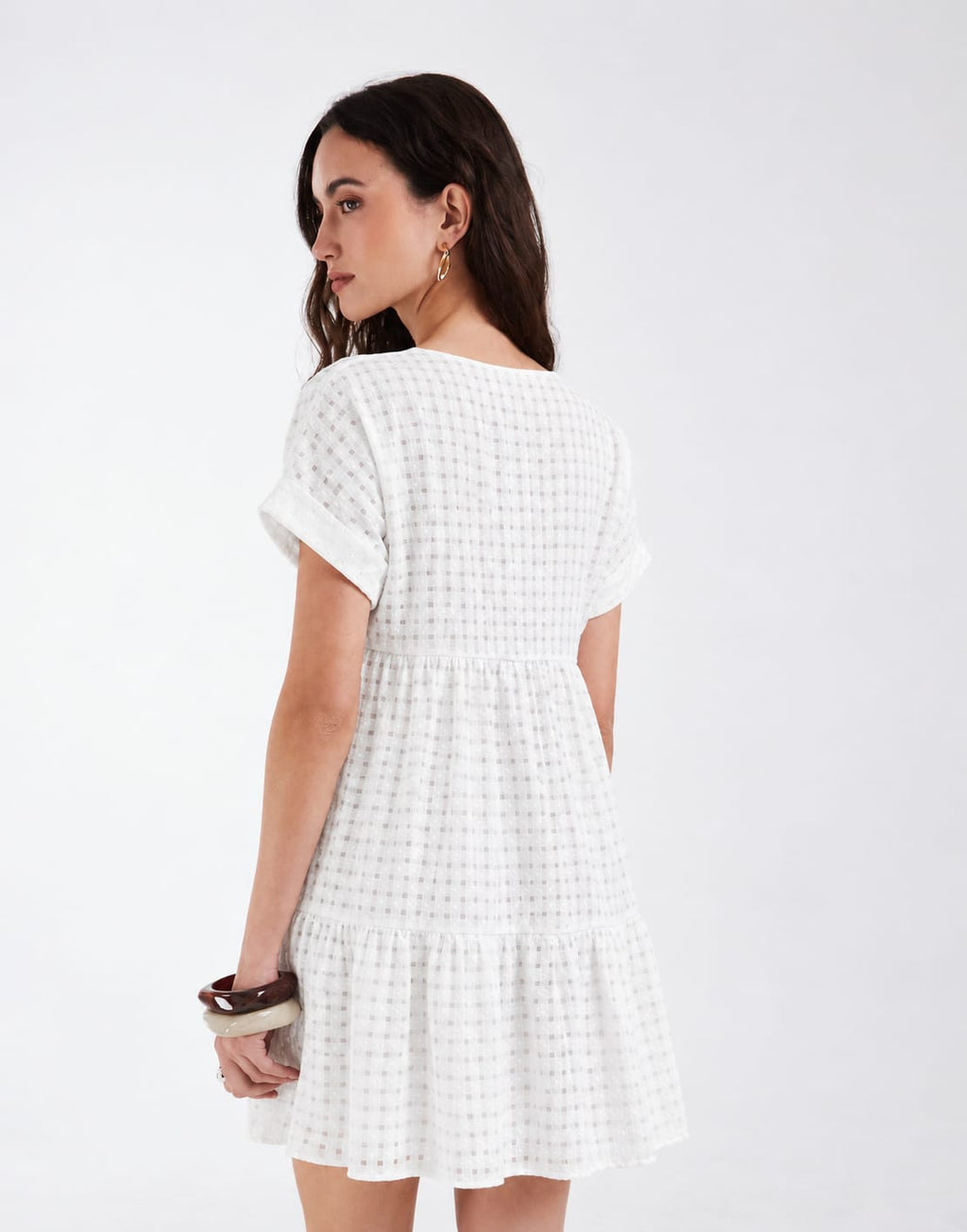 Gingham V-Neck Tiered Midi Dress