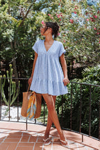 Gingham V-Neck Tiered Midi Dress