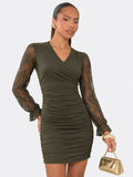 Lace Sleeve Ruched Bodycon Mini Dress