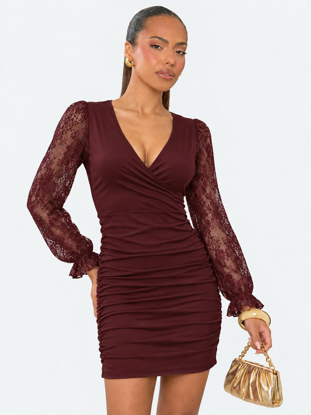 Lace Sleeve Ruched Bodycon Mini Dress