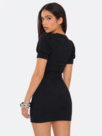 Contrast-Trim Curved-Hem Mini Dress