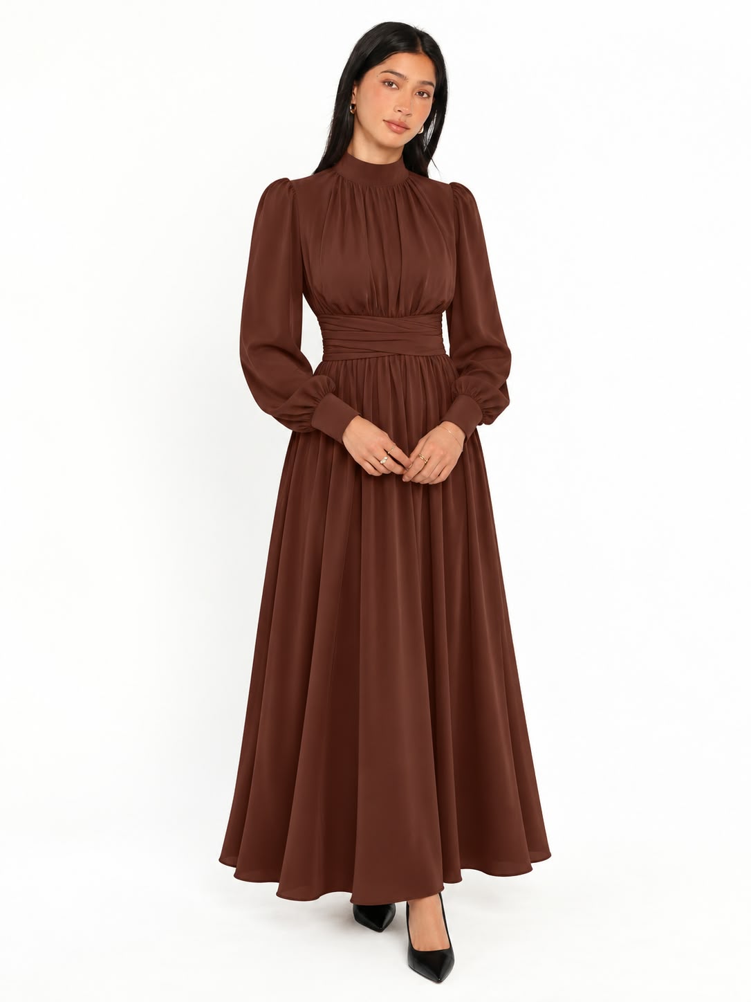 Elegant High Neck Long Sleeve Maxi Dress