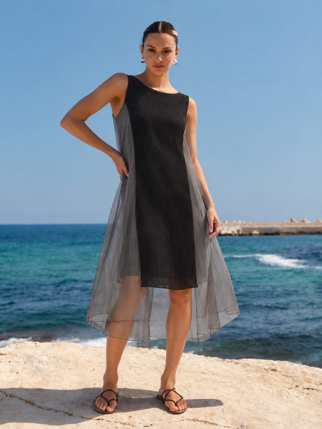 Contrast Mesh Asymmetric Midi Dress