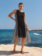 Contrast Mesh Asymmetric Midi Dress