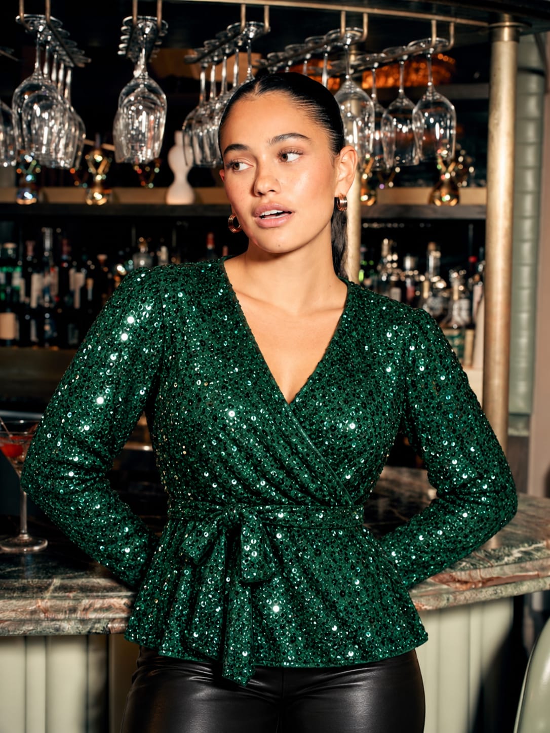 Sequin-Embellished Belted Peplum Blouse