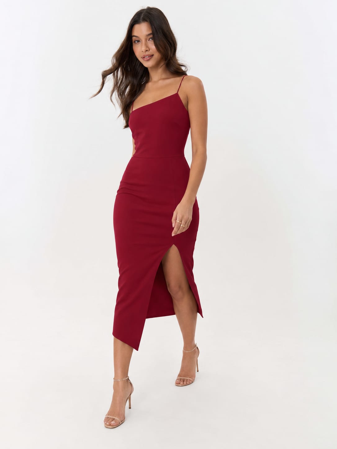 Purple Red Sculpted Side-Slit Midi Dress