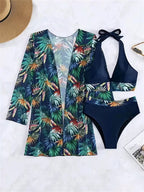 Navy Blue Tropical Three Piece Swimsuit Set