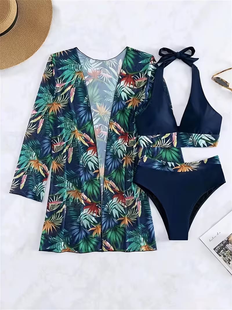 Navy Blue Tropical Three Piece Swimsuit Set