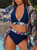 Navy Blue Tropical Three Piece Swimsuit Set