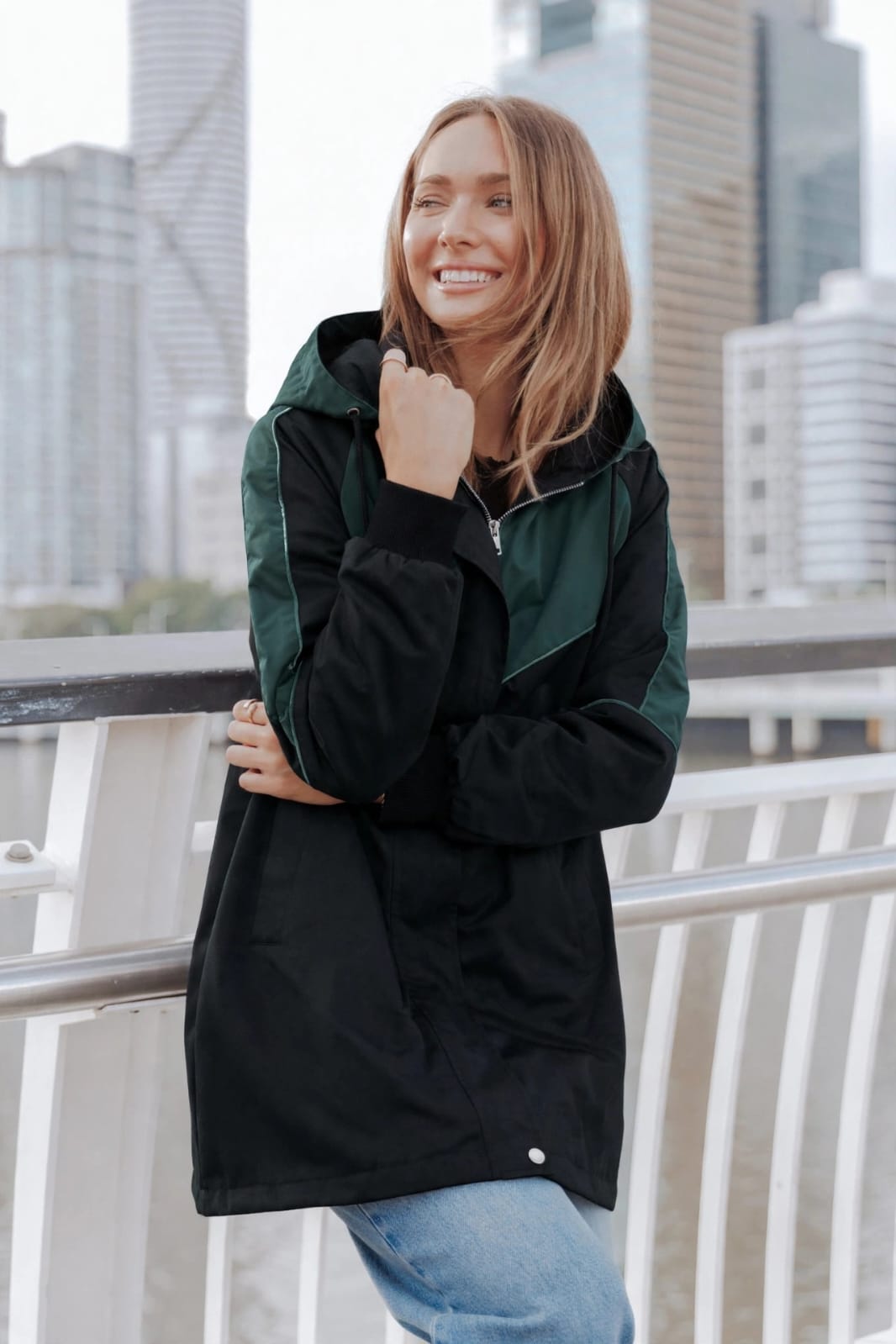 Colour-Block Hooded Longline Jacket