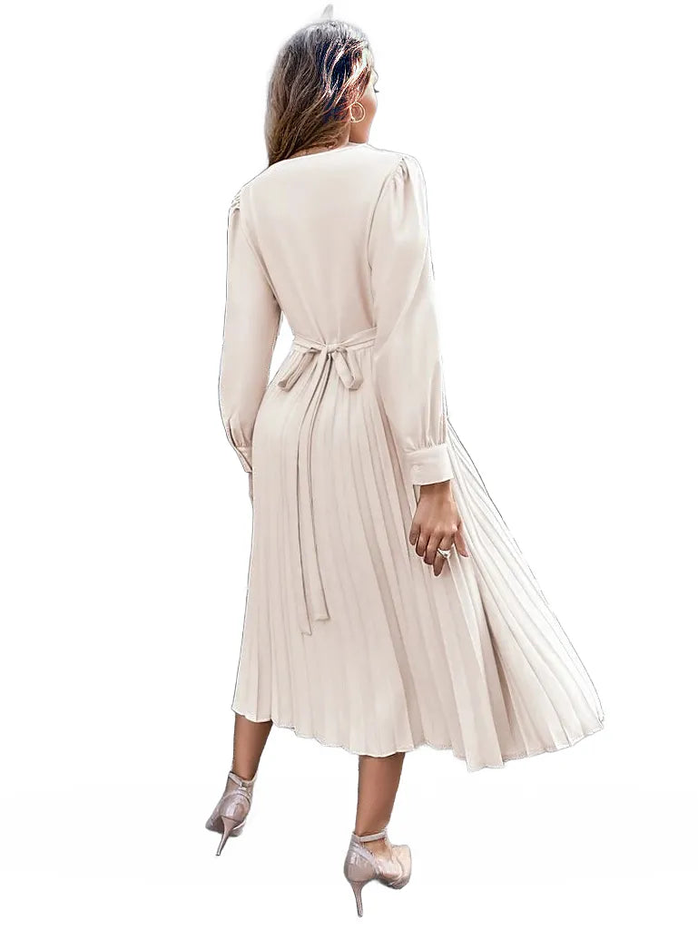 Women Puff Sleeve Pleated Apricot Dress XD21