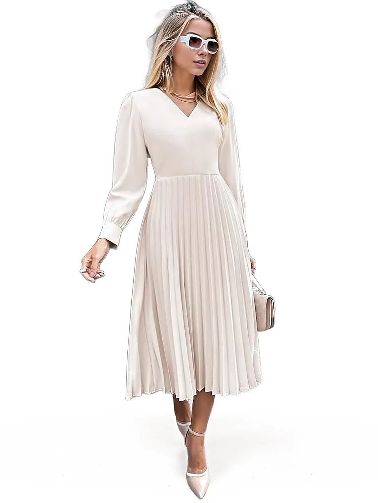 Women Puff Sleeve Pleated Apricot Dress XD21