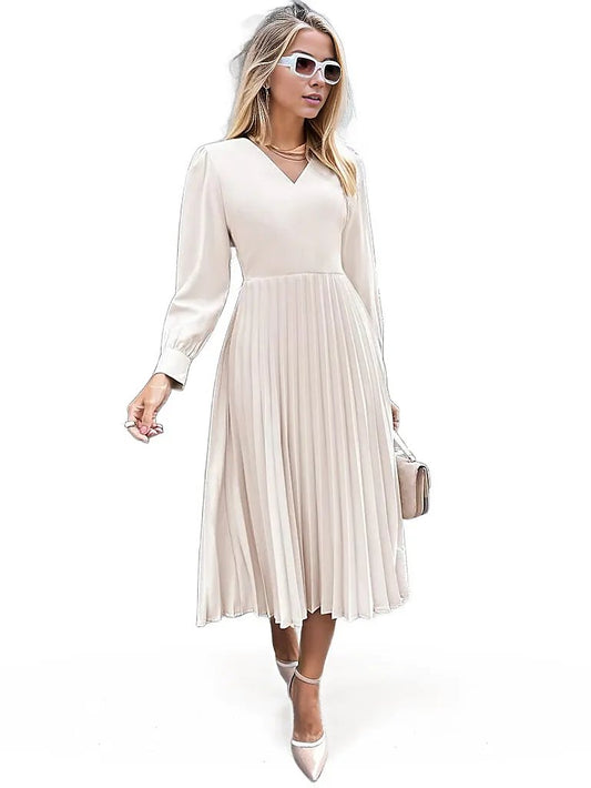 Women Puff Sleeve Pleated Apricot Dress XD21