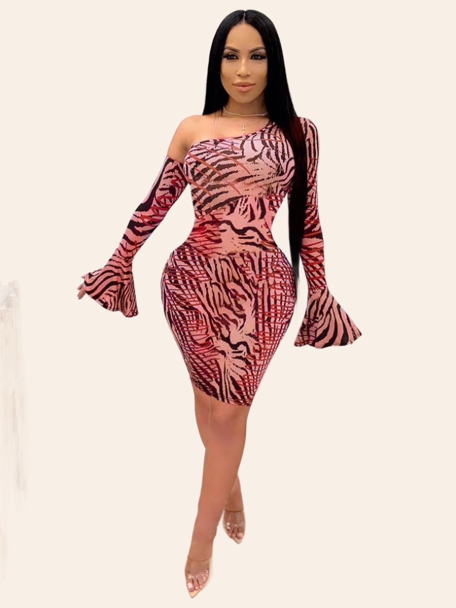 Zebra Striped One shoulder Bodycon Dress XD21