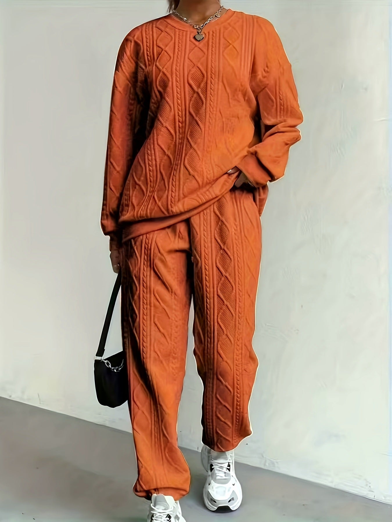 Cable Knit Sweater & Pants Two-Piece Lounge Set for Women