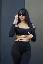 Off Shoulder Long Sleeve Lace-Up Pants Set - Bold & Stylish