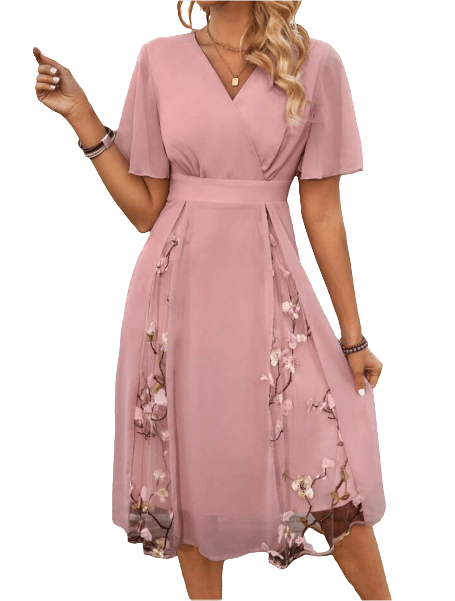 Delicate Mesh Splicing Dress with Floral Accents – Elegance in Every Detail