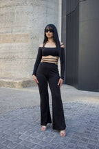 Off Shoulder Long Sleeve Lace-Up Pants Set - Bold & Stylish