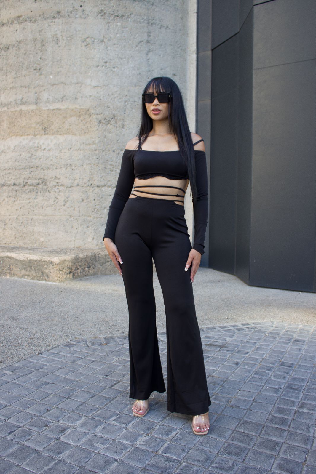 Off Shoulder Long Sleeve Lace-Up Pants Set - Bold & Stylish