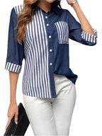 Chic Contrast Navy & Striped Button-Up Shirt – Effortless Style & Elegance