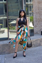 Geo Print Ruched Tie Backless Cami Top & Split Thigh Skirt Set