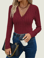 Fitted Ribbed V-Neck Top – Stretch Long Sleeve Knit
