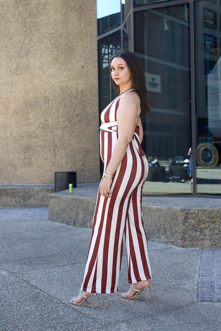 Striped Low V Neck Wrap Straps Jumpsuit | Stylish & Comfortable