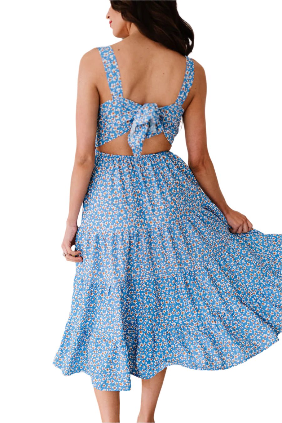 Ditsy Floral Open Tie-Back Sleeveless Midi Dress – Chic & Feminine
