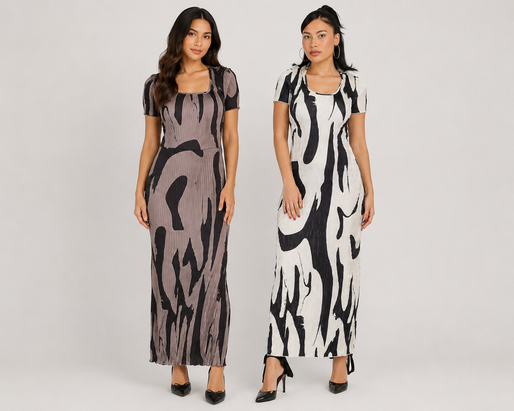 Short Sleeve Abstract Print Maxi Dress - 2pcs dresses