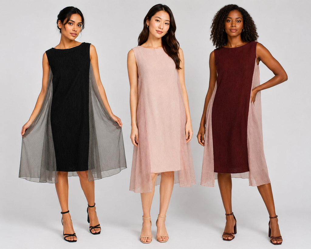 Asymmetrical Midi Two Toned Sheer Dress - 3Pcs dresses