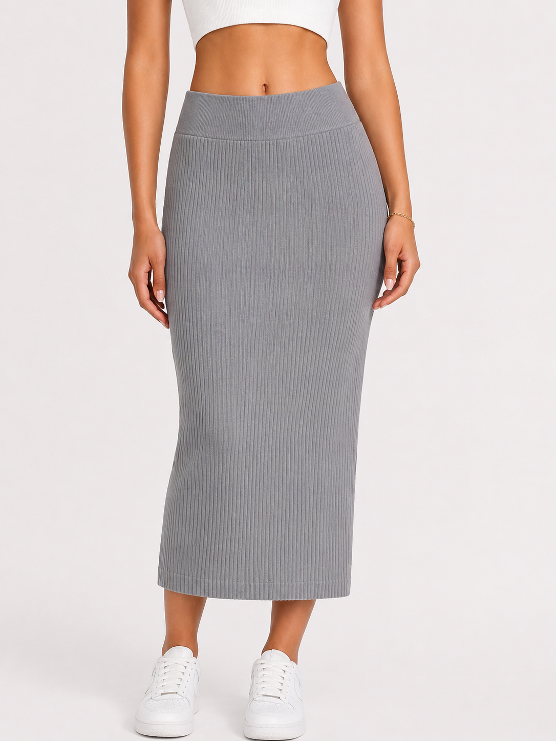 Ribbed High Waist Bodycon Midi Skirt