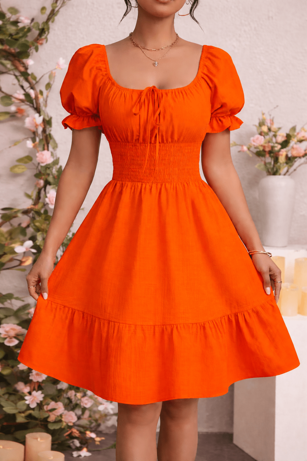 Puff Sleeve Smocked Waist Mini Dress