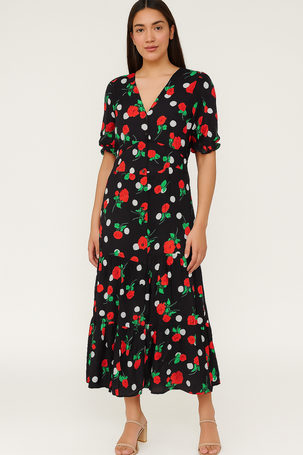 Floral & Polka Dot Tiered Midi Dress – Puff Sleeve Summer Style