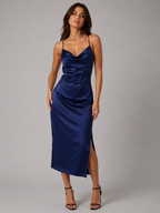 Elegant Satin Cowl Neck Midi Dress – Sleeveless Slip Evening Dress for Women