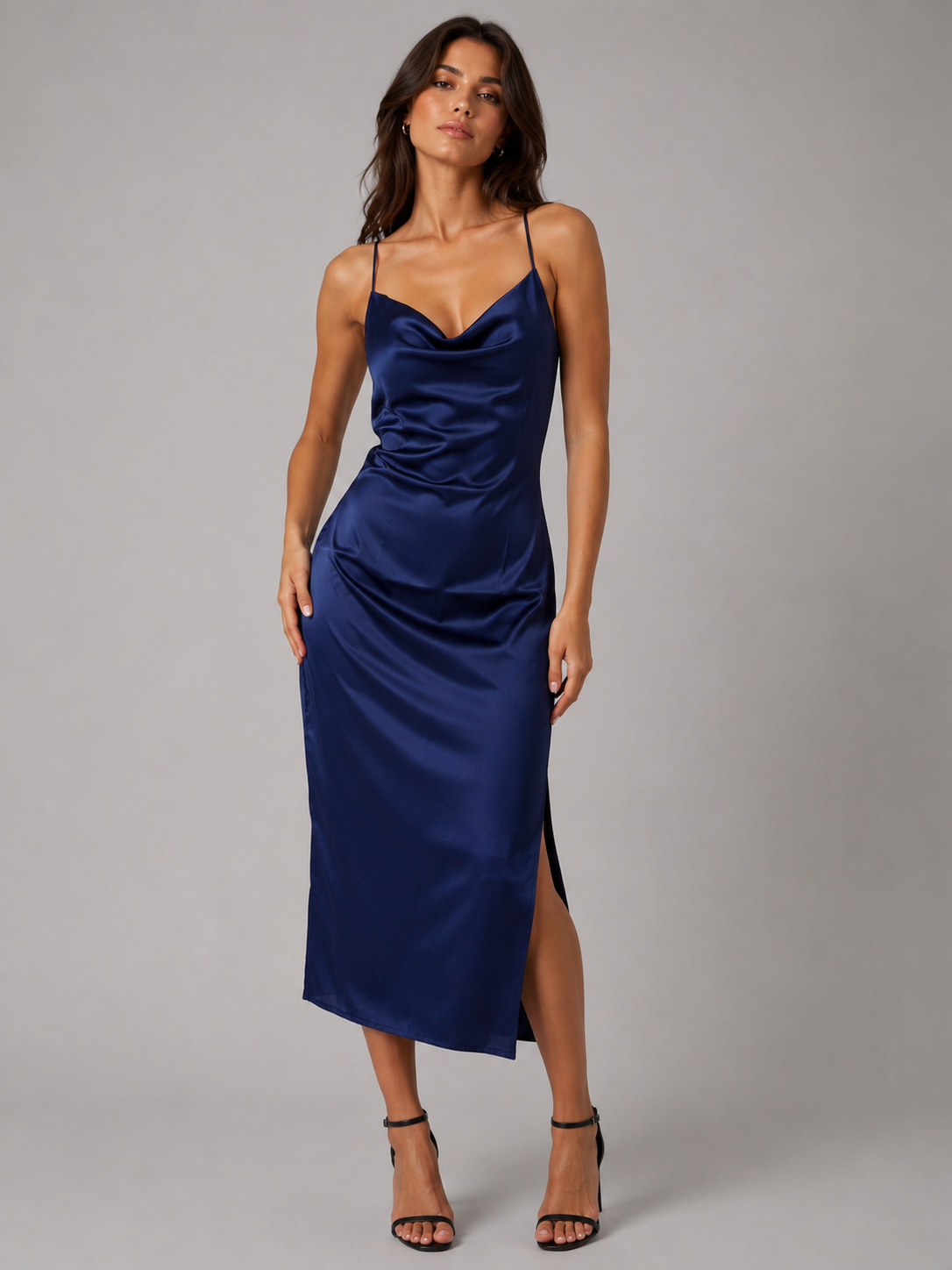 Elegant Satin Cowl Neck Midi Dress – Sleeveless Slip Evening Dress for Women