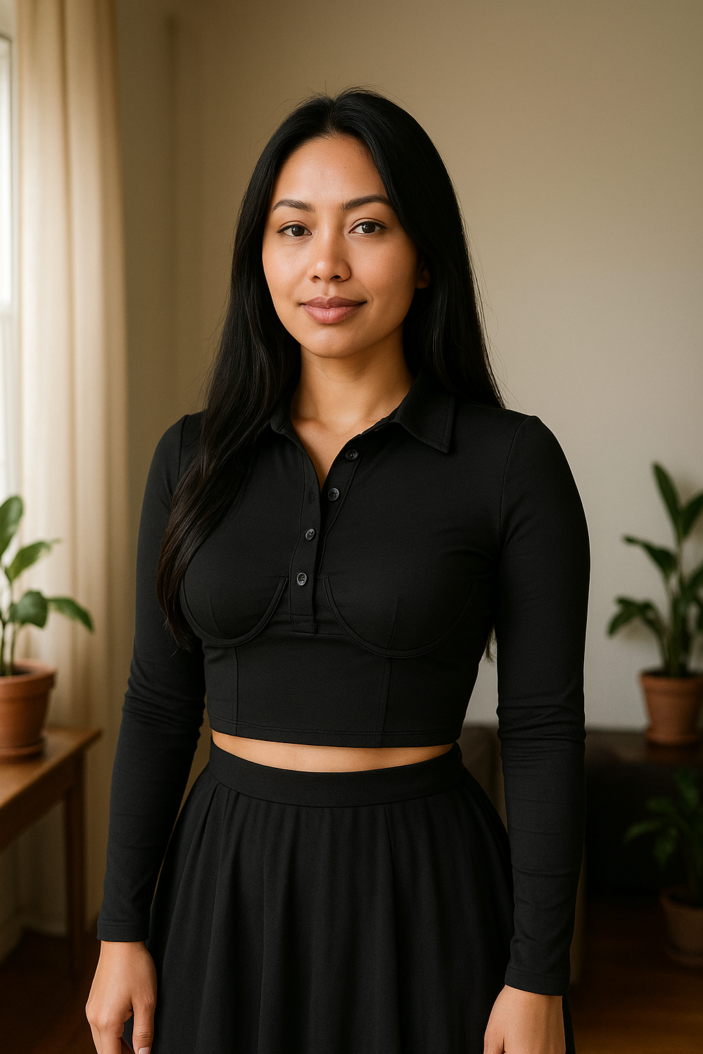 Solid Long Sleeve Collar Cropped T-Shirt