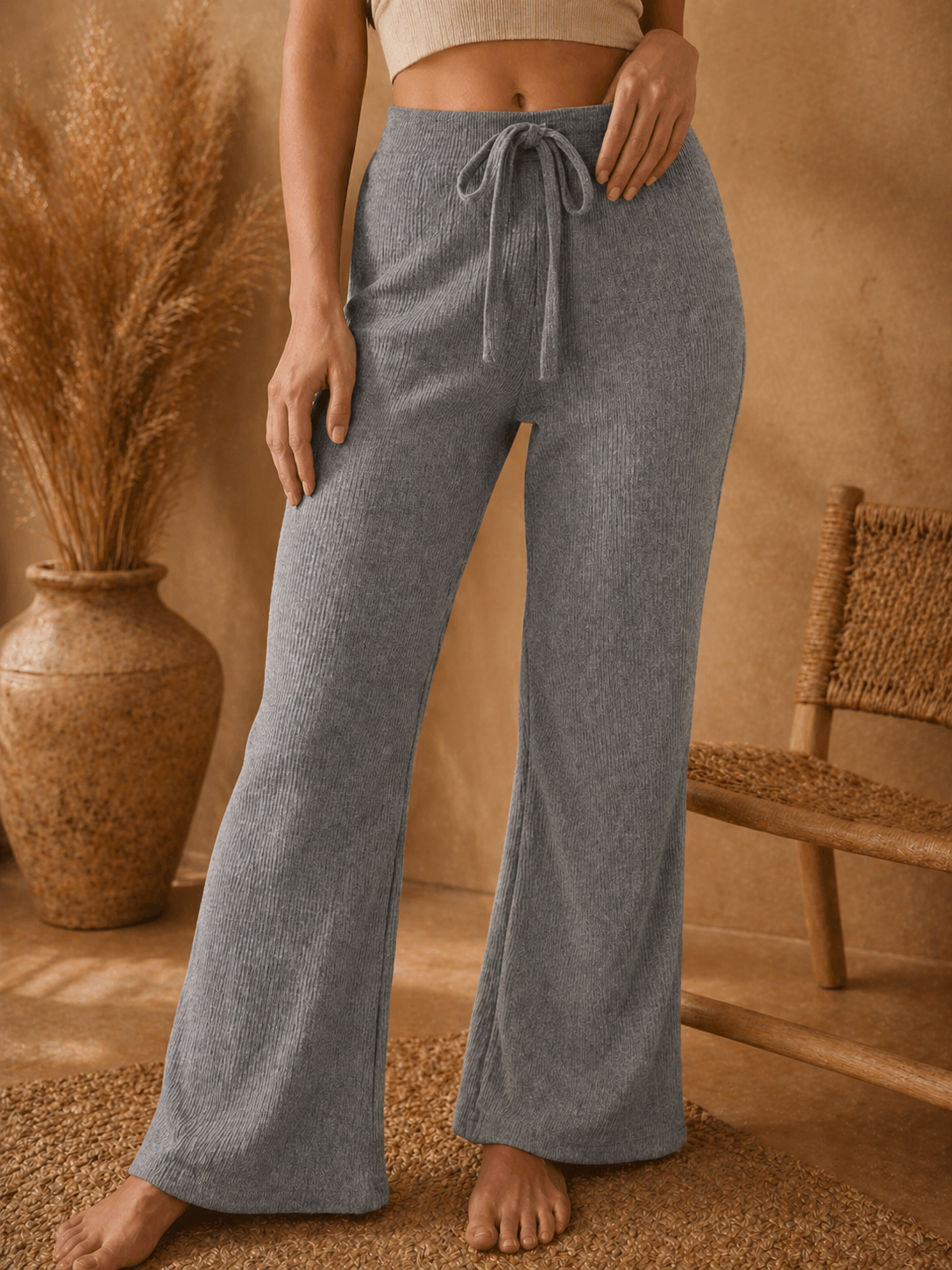 Ribbed Knitted Drawstring Wide Leg Lounge Pants