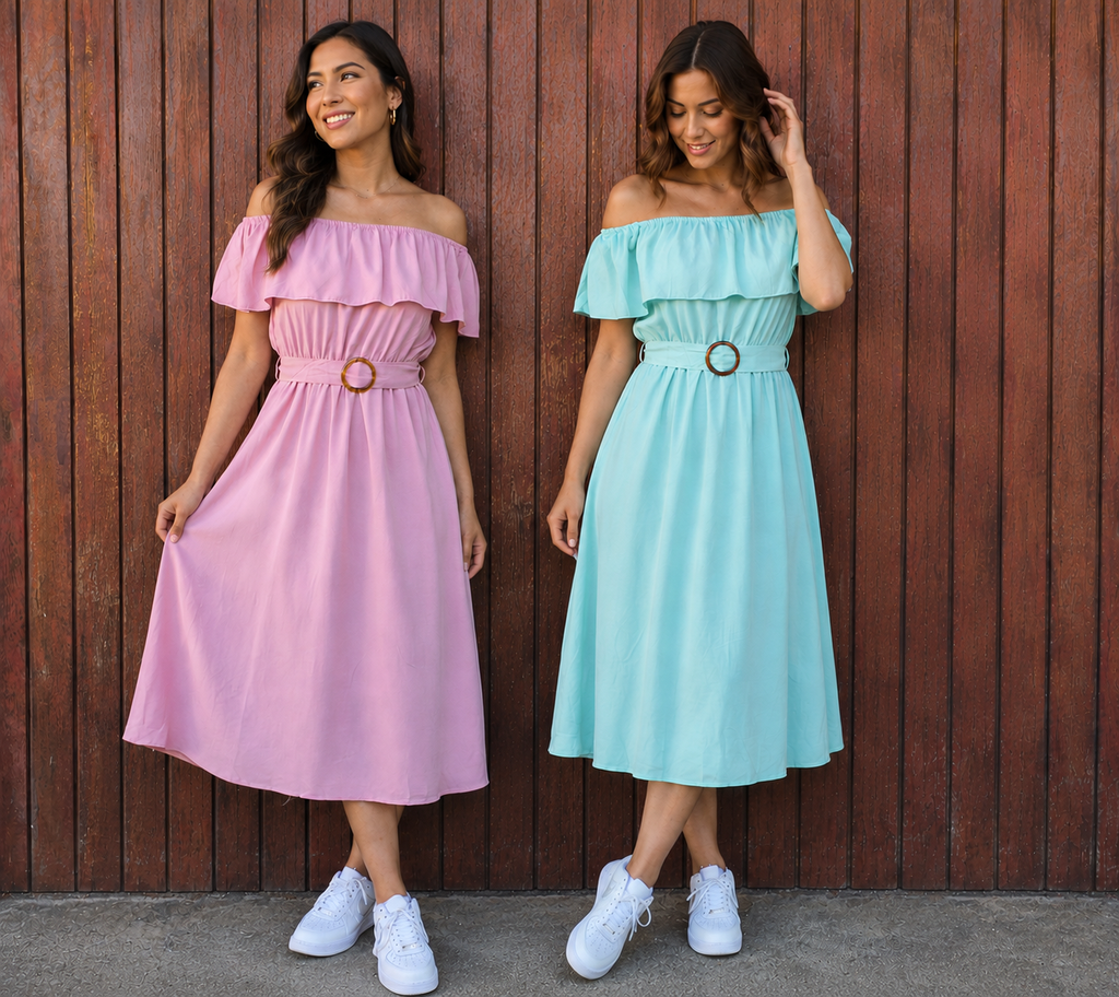 Off shoulder with belt midi dress - 2pc dresses