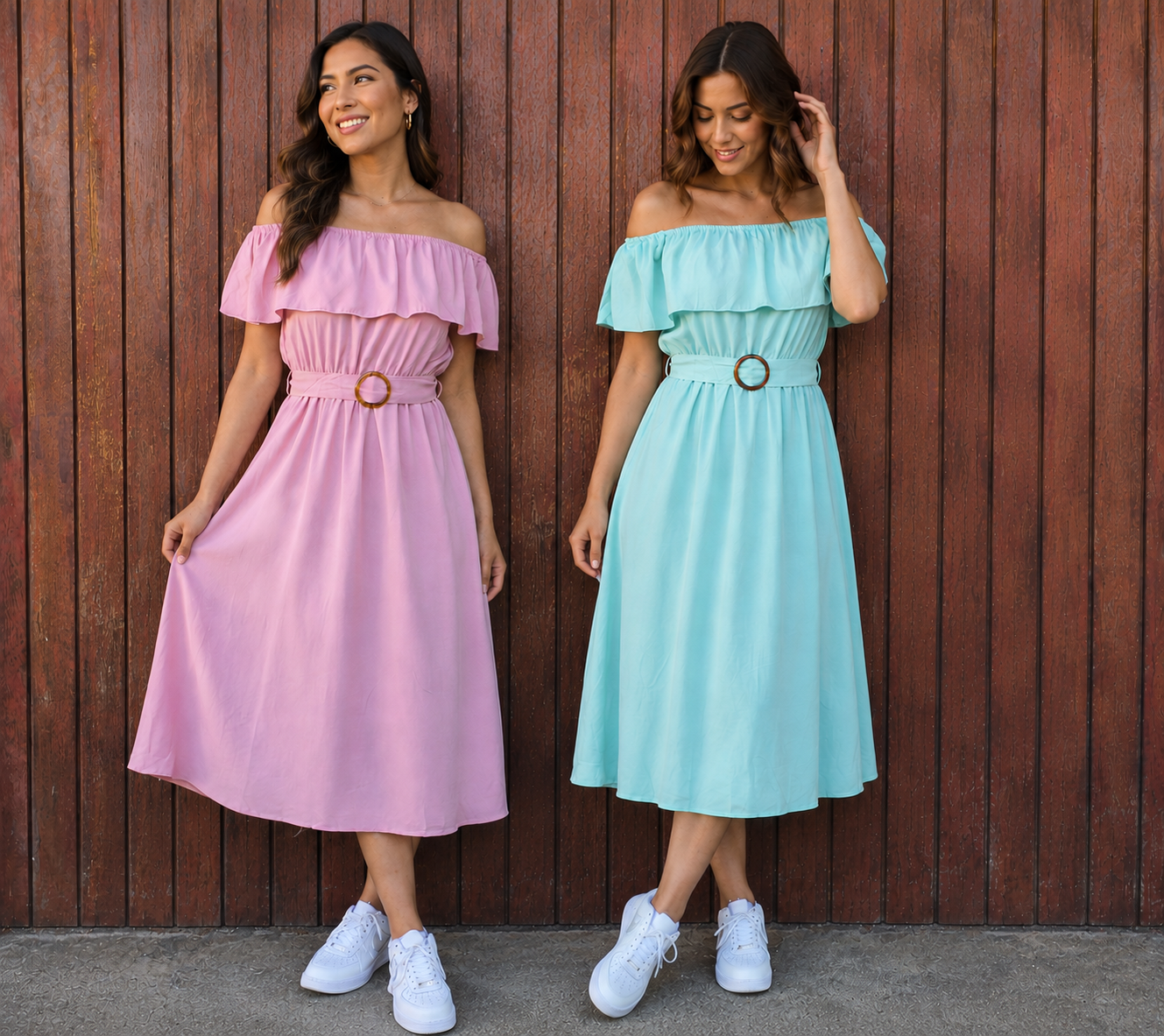 Off shoulder with belt midi dress - 2pc dresses