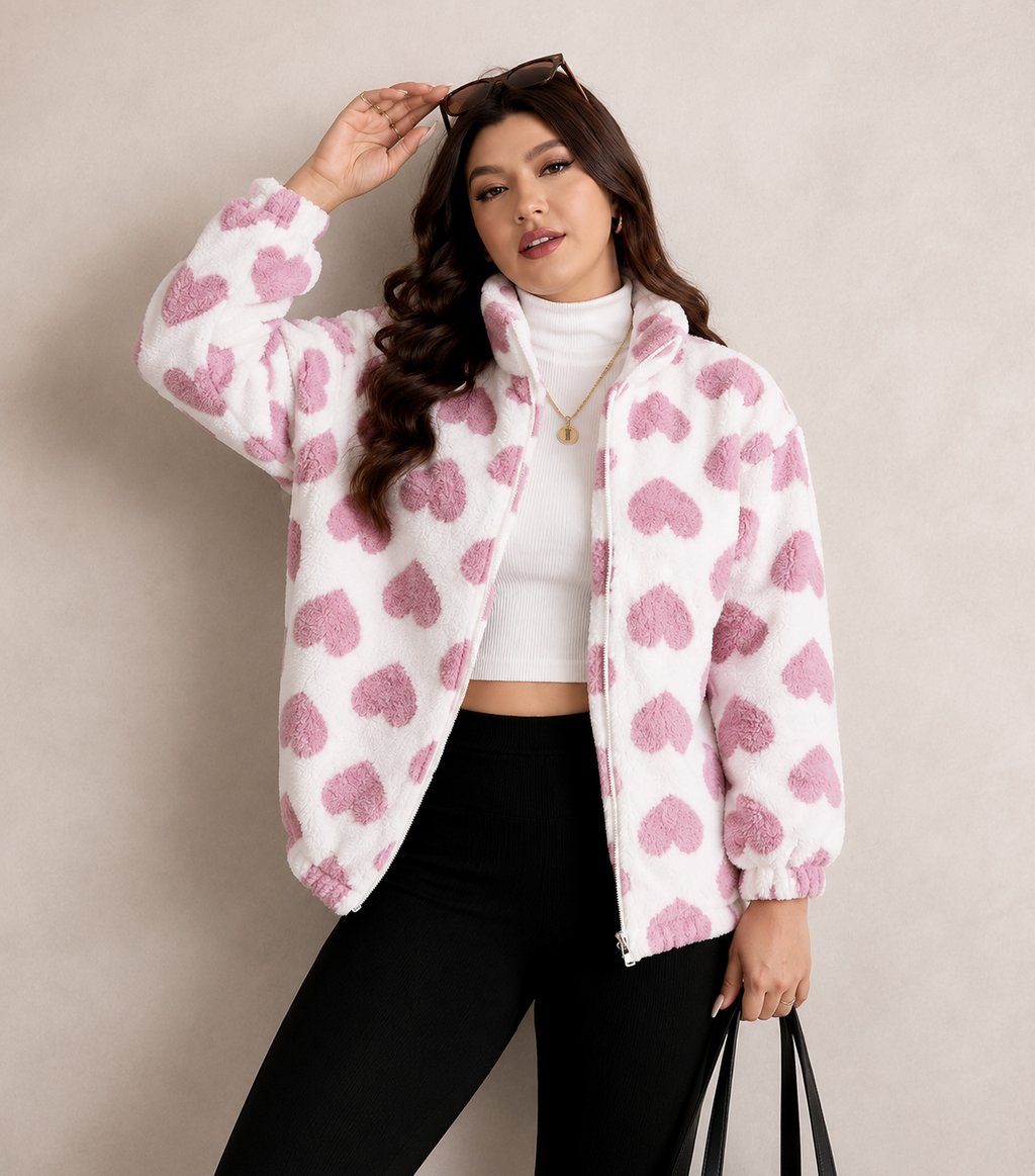 Cozy Heart Patterned Fleece Zip-Up Jacket