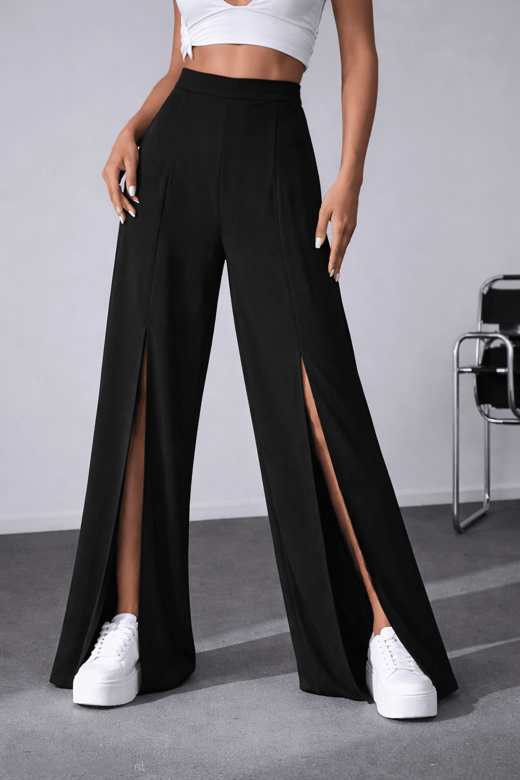 High Waist Thigh High Slit Wide Leg Pants