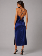 Elegant Satin Cowl Neck Midi Dress – Sleeveless Slip Evening Dress for Women