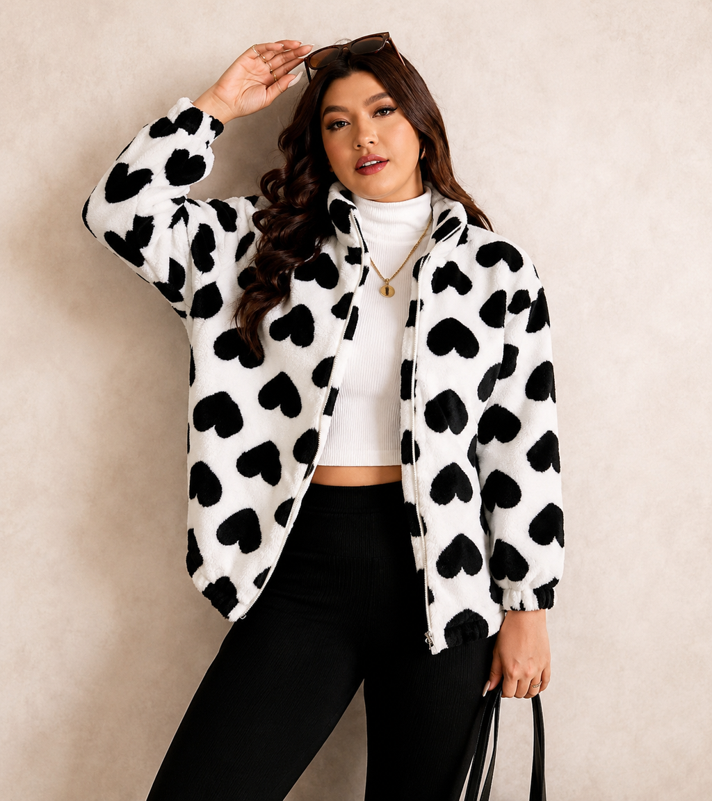 Cozy Heart Patterned Fleece Zip-Up Jacket