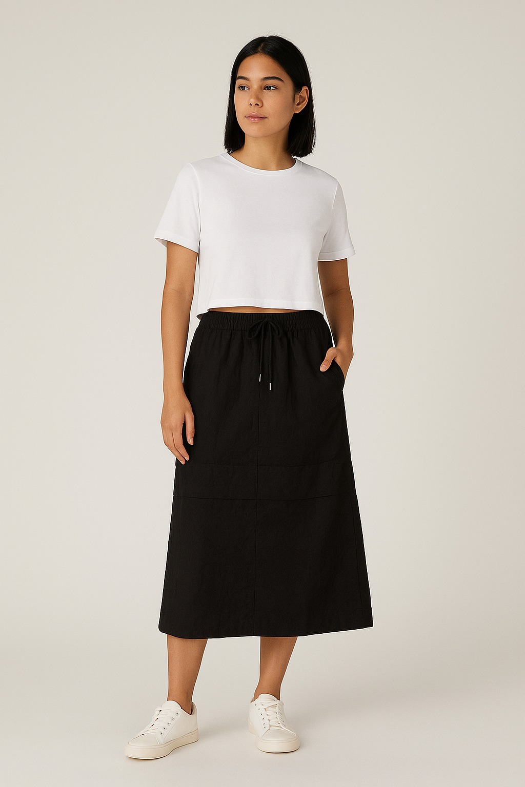 Drawstring Waist Casual Midi Skirt