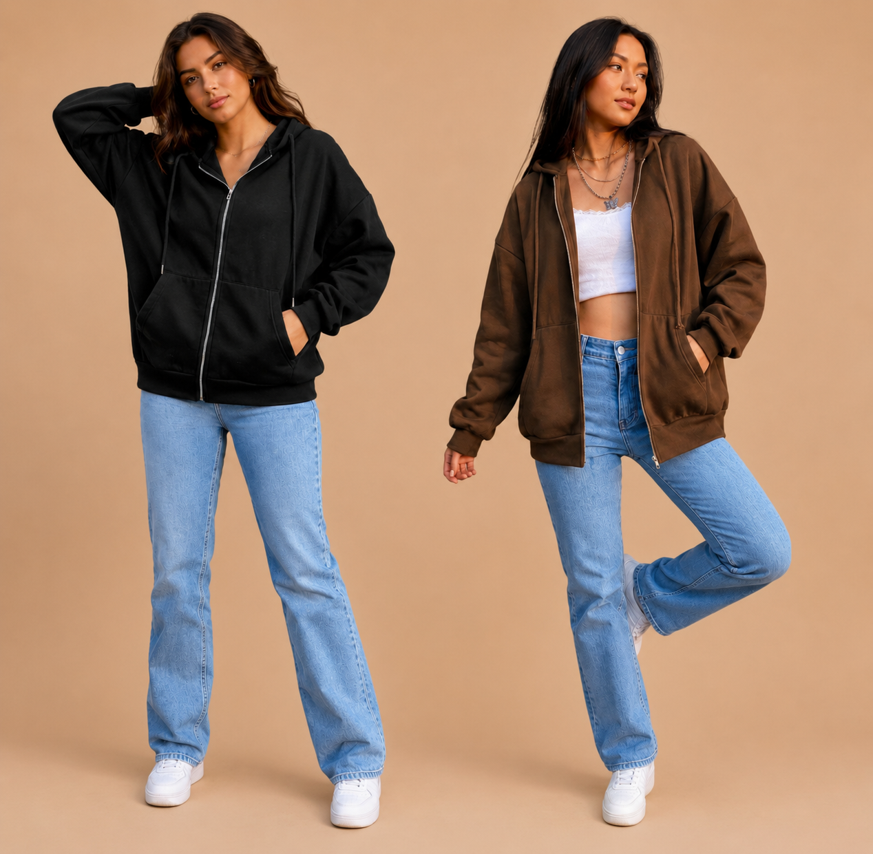 Plain Solid Colour Zipper Hooded Jacket - 2pc jacket set