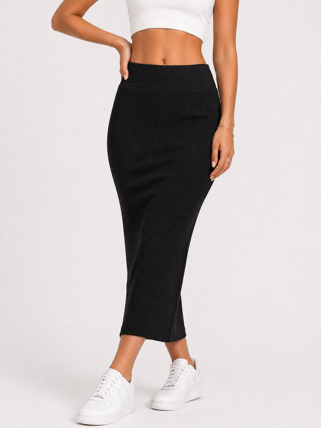 Ribbed High Waist Bodycon Midi Skirt