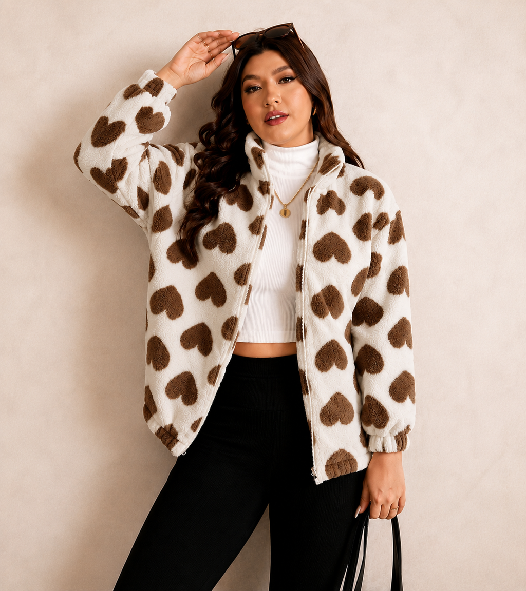 Cozy Heart Patterned Fleece Zip-Up Jacket